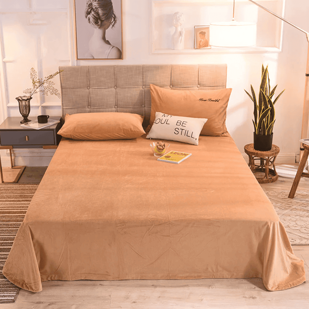 Velvet Bedsheet with 2 pillow covers - Khaki