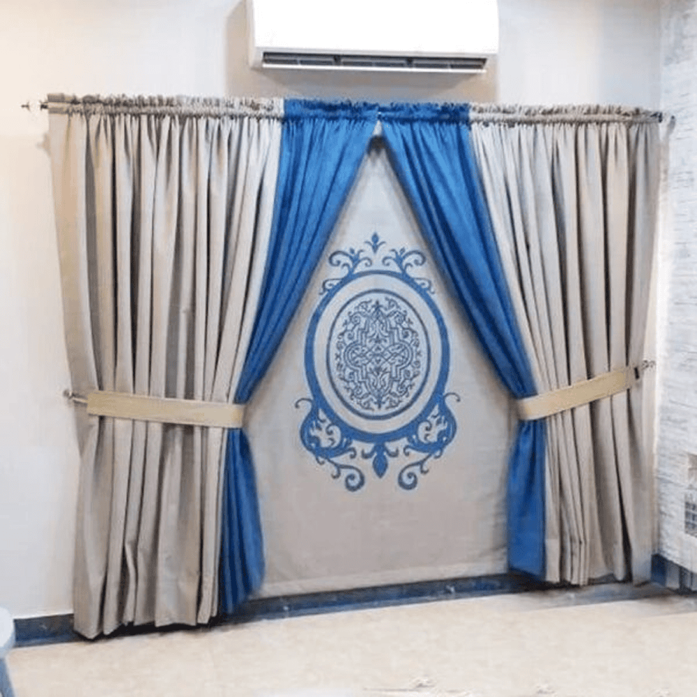 Blind Curtains Velvet Fabric Laser Cut Art – Blue & Off White