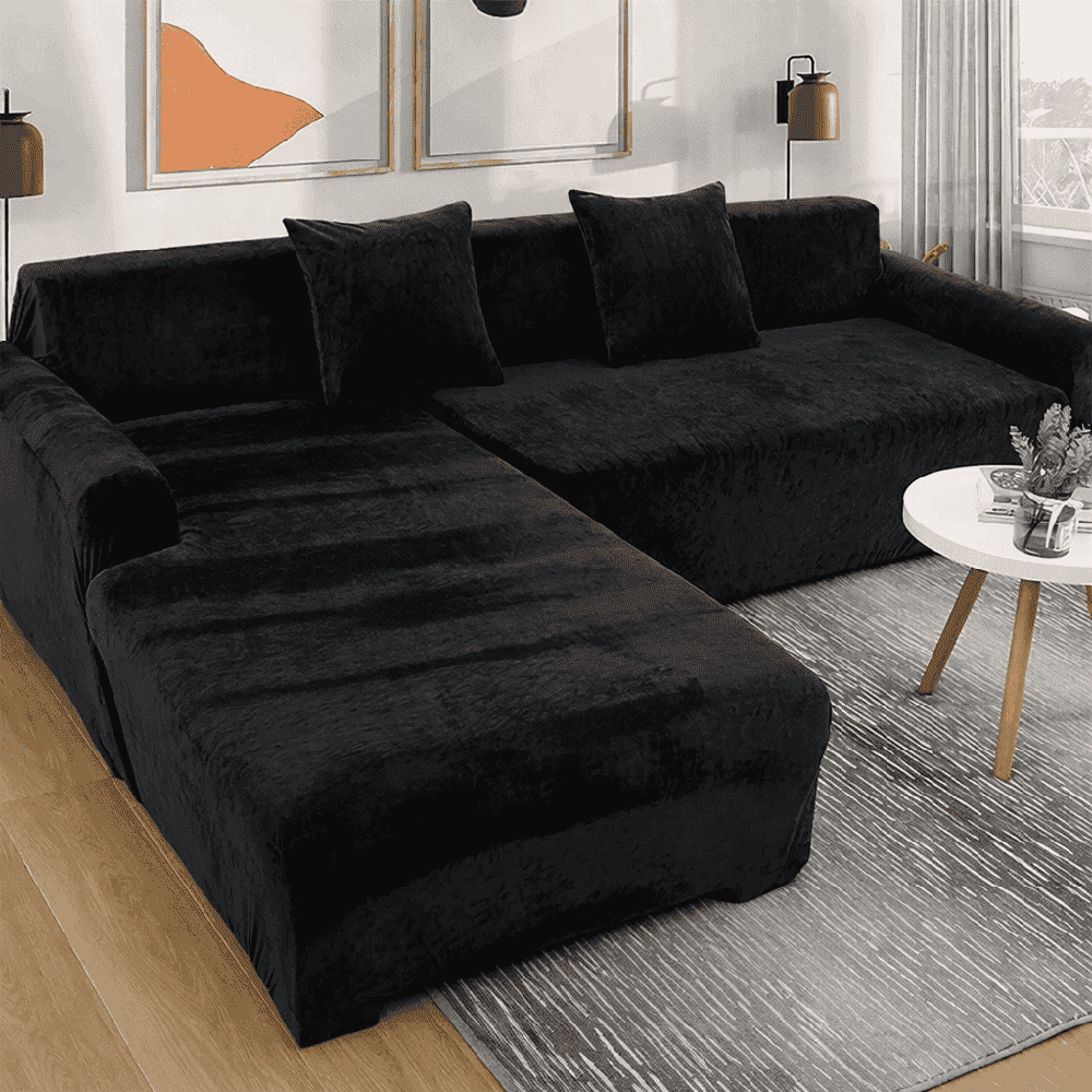 L Shape Plain Velvet Sofa Cover - Black