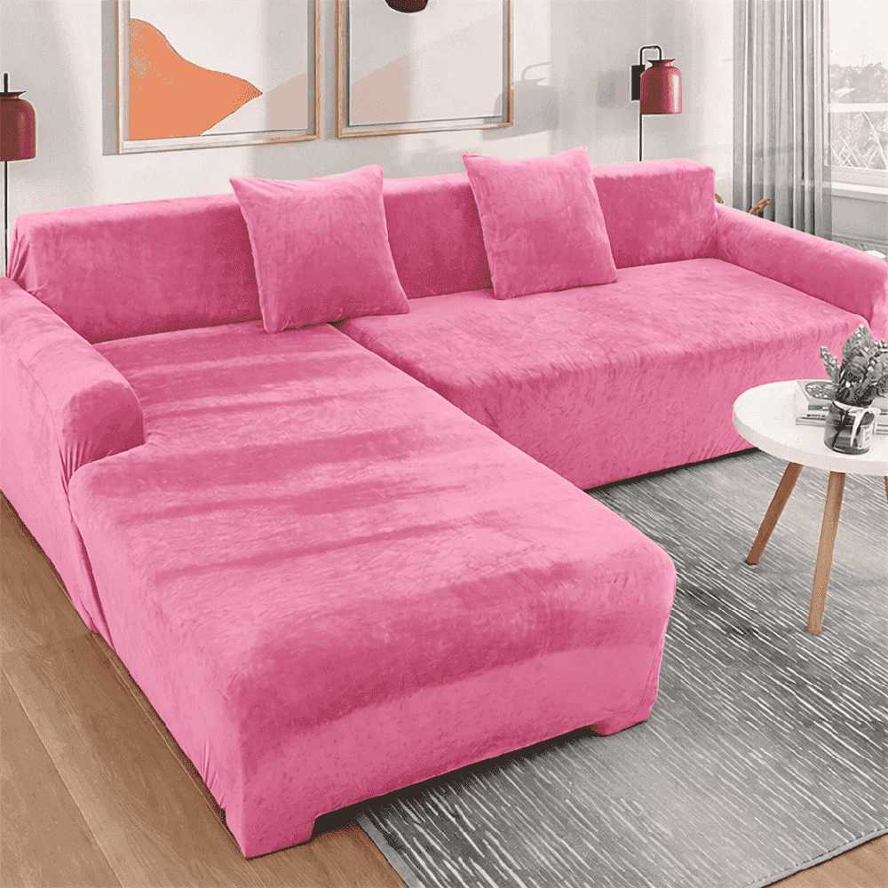 L-Shape Plain Velvet Sofa Cover - Pink