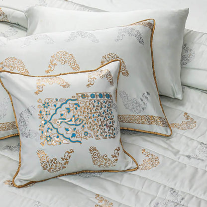 8 Pcs Comforter Set Cotton Sateen Block Printed – Symphony White