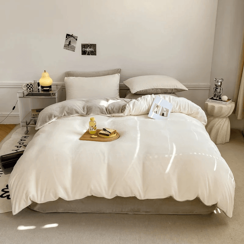 Reversible Velvet Duvet Cover - Off White & Light Brown