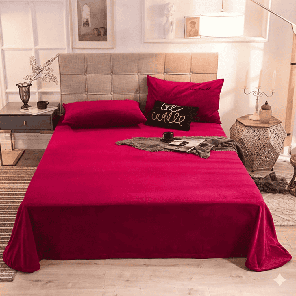 Velvet Bed Sheet - Maroon Red