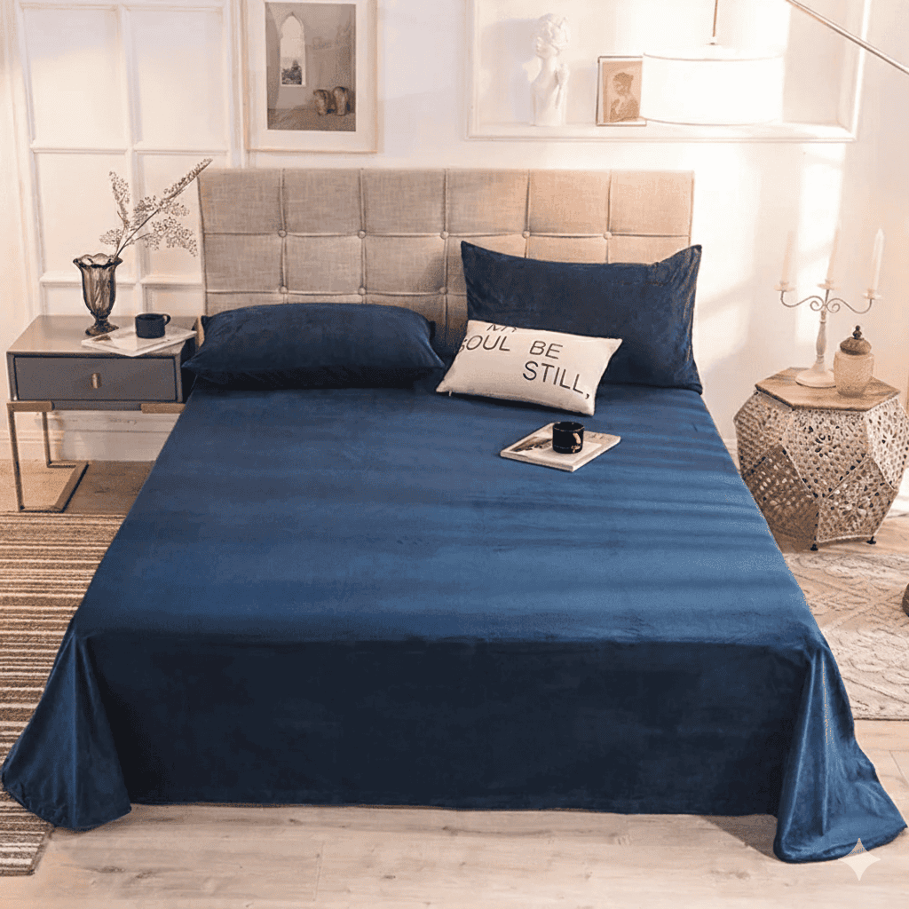 Velvet Bedsheet with 2 pillow covers - Dark Blue