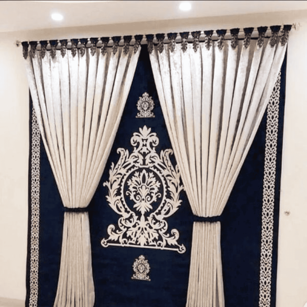 Blind Curtains Velvet Fabric Laser Cut Art – Dark Blue Off White