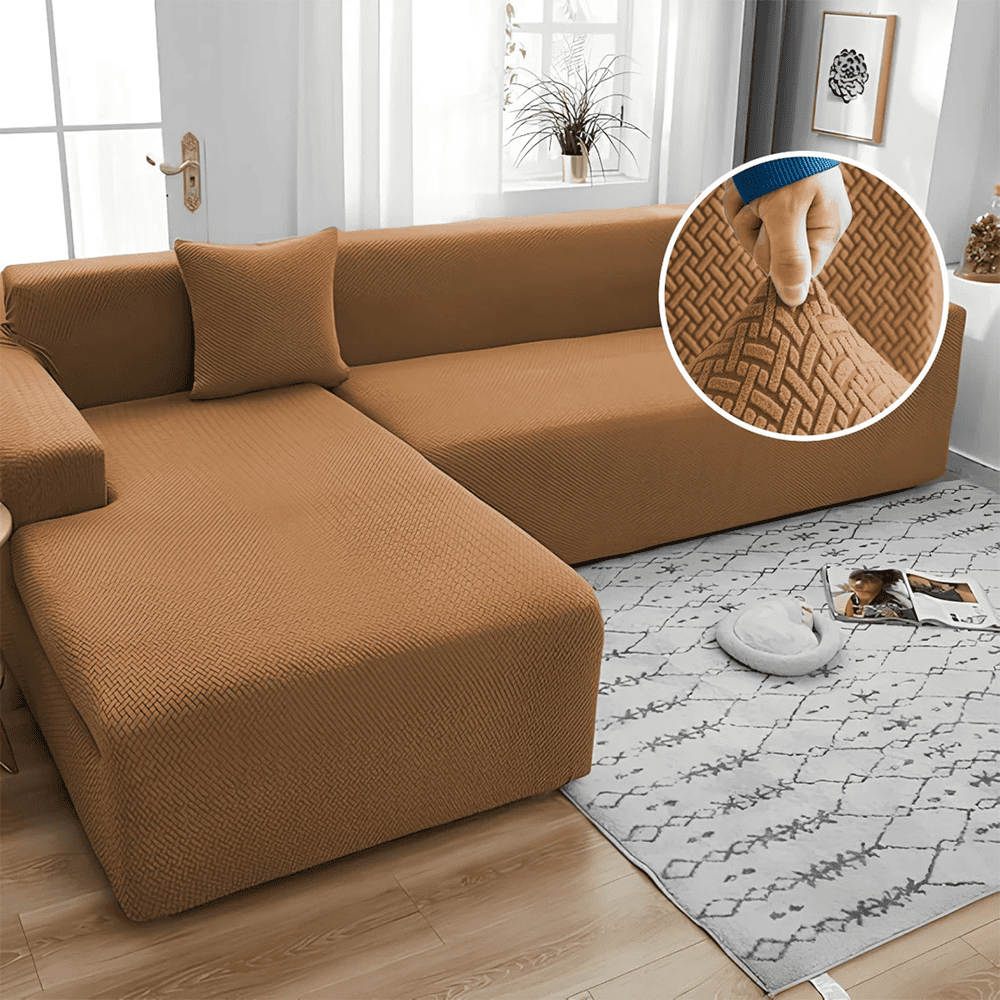 L-Shape Jacquard Sofa Cover - Camel Brown