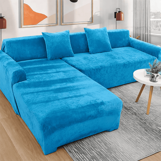 L-Shape Plain Velvet Sofa Cover - Cyan