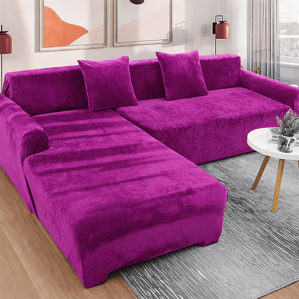 L-Shape Plain Velvet Sofa Cover - Magenta