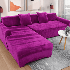 L-Shape Plain Velvet Sofa Cover - Magenta