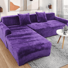 L-Shape Plain Velvet Sofa Cover - Purple