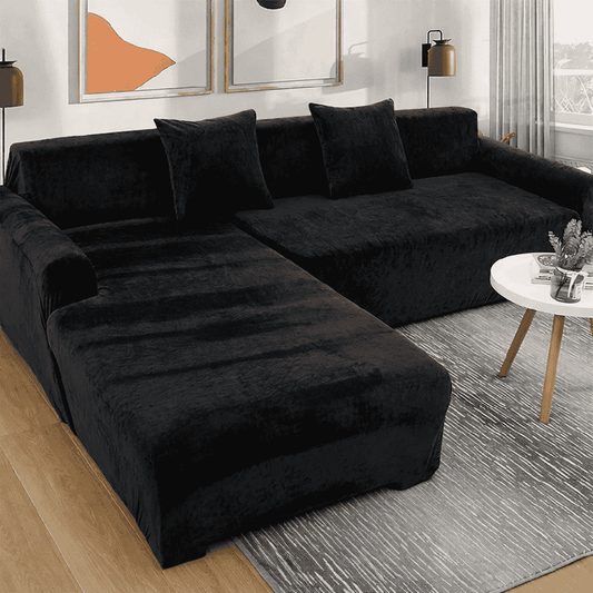 L Shape Plain Velvet Sofa Cover - Black