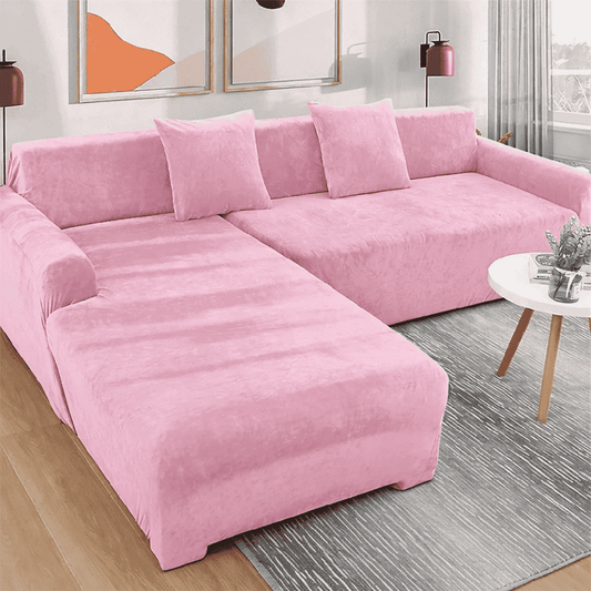 L-Shape Plain Velvet Sofa Cover - Light Pink